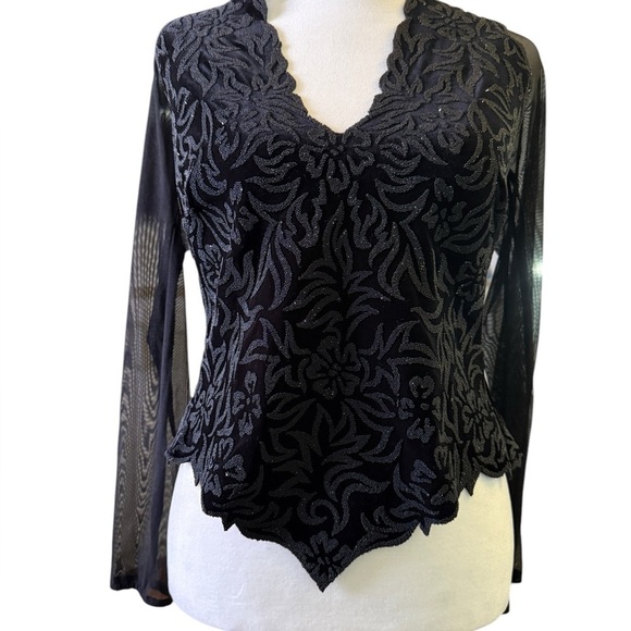 Tadashi Shoji Tops - Tadashi Vintage Black Velvet Beaded Mesh Sleeve V-Neck Party Evening Top M